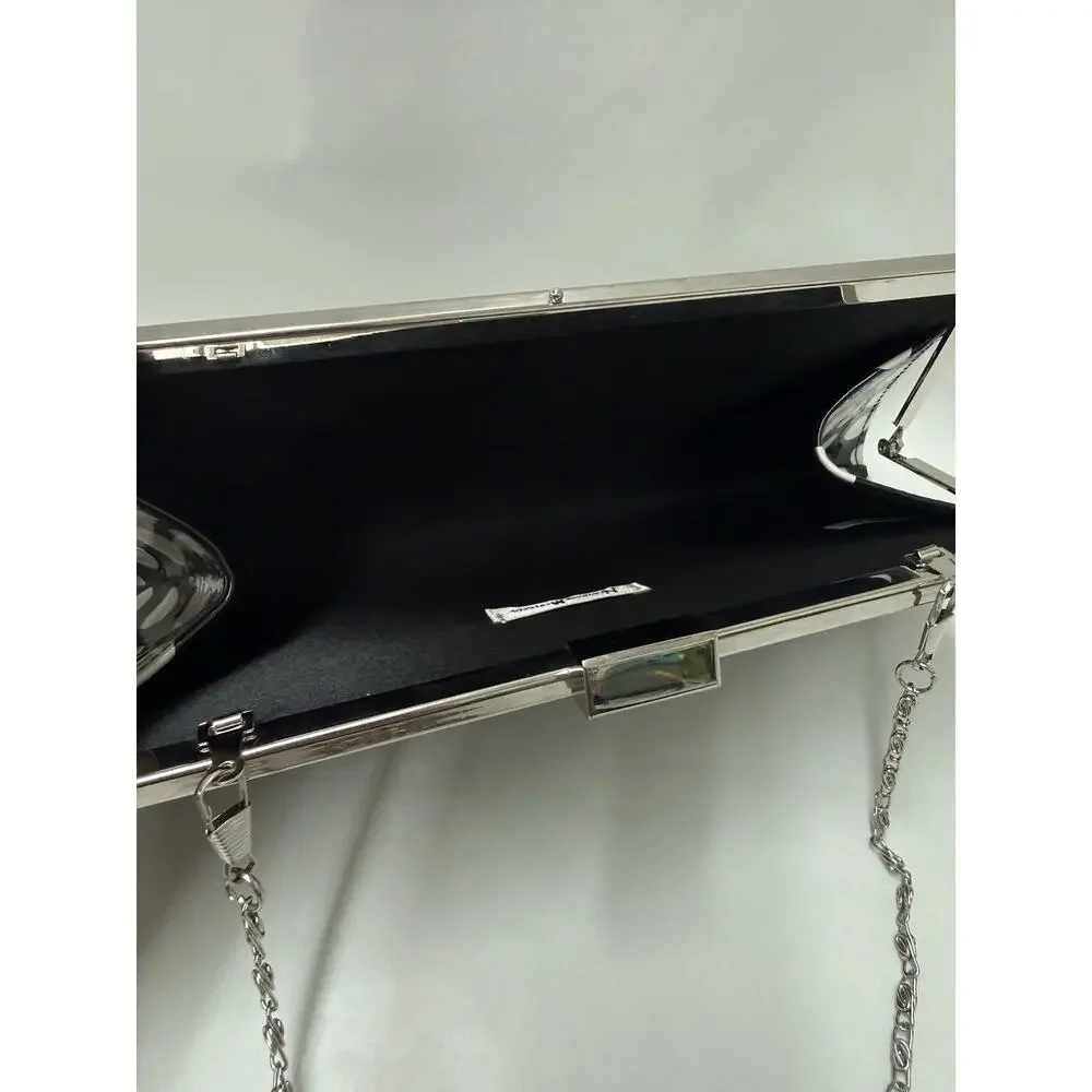 Neiman Marcus Black White Polka Dot Clutch Purse Silver Chain Shoulder Bag